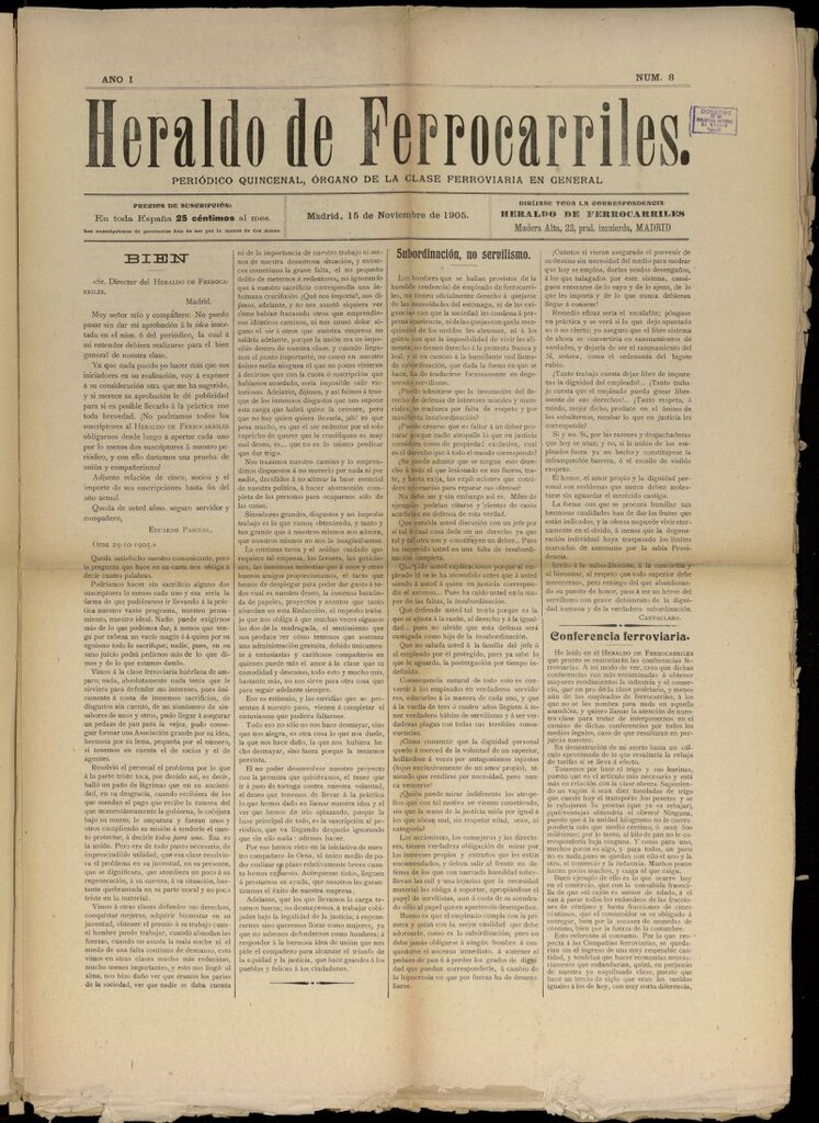 Miniatura de Heraldo de Ferrocarriles : periódico quincenal del 15 de noviembre de 1905, nº 8