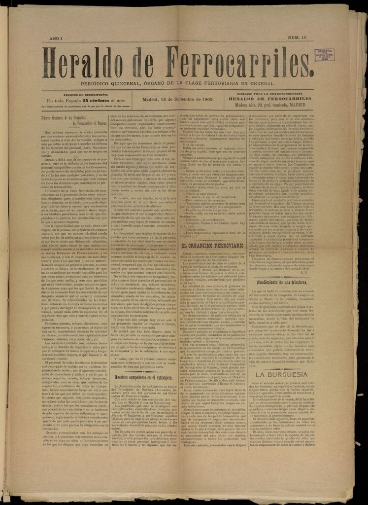 Miniatura de Heraldo de Ferrocarriles : periódico quincenal del 15 de diciembre de 1905, nº 10
