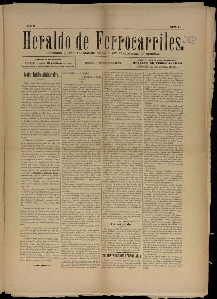 Miniatura de Heraldo de Ferrocarriles : periódico quincenal del 1 de enero de 1906, nº 11