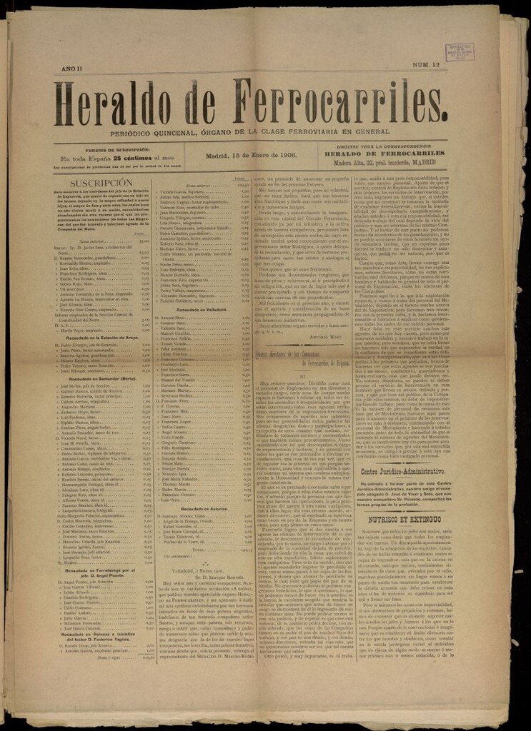 Miniatura de Heraldo de Ferrocarriles : periódico quincenal del 15 de enero de 1906, nº 12