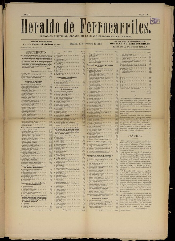 Miniatura de Heraldo de Ferrocarriles : periódico quincenal del 1 de febrero de 1906, nº 13