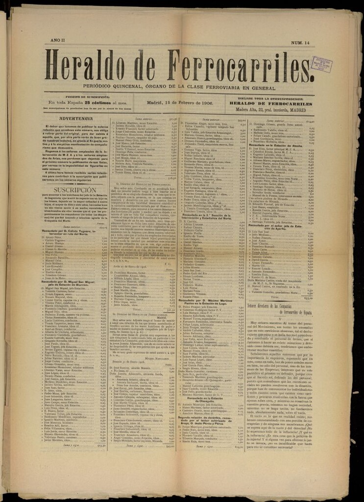 Miniatura de Heraldo de Ferrocarriles : periódico quincenal del 15 de febrero de 1906, nº 14