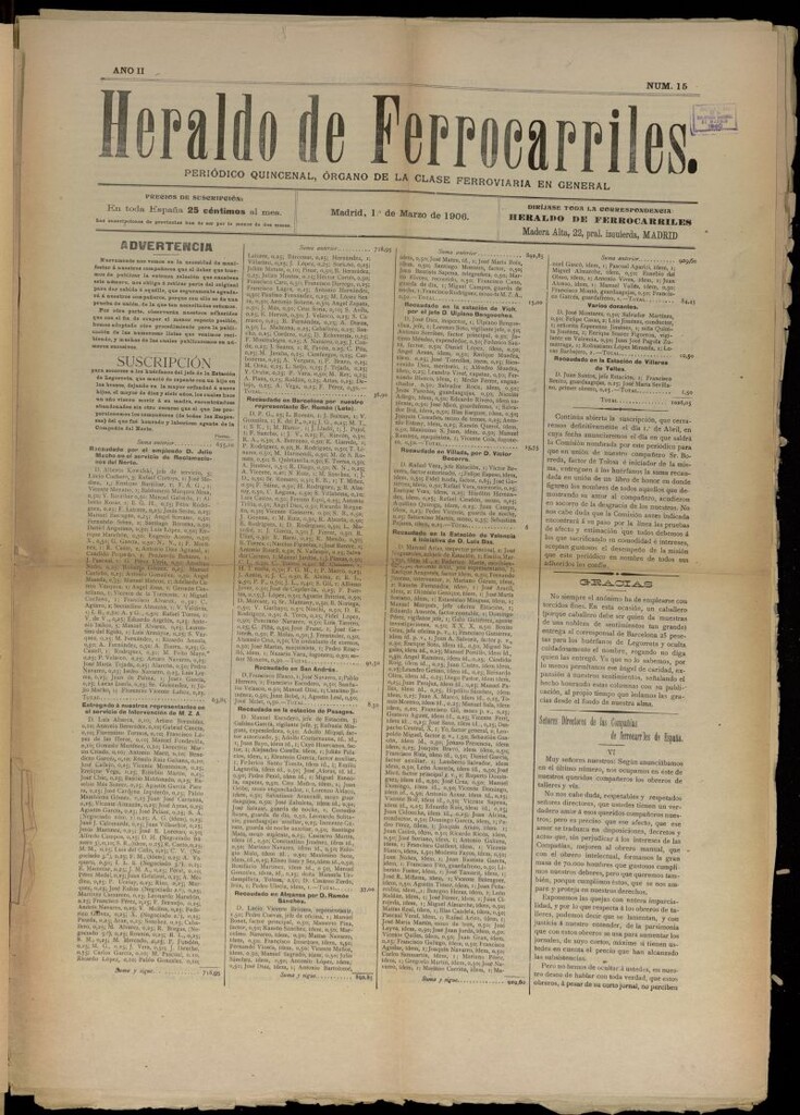 Miniatura de Heraldo de Ferrocarriles : periódico quincenal del 1 de marzo de 1906, nº 15