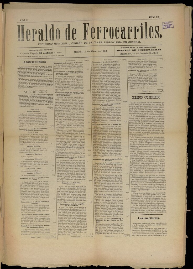 Miniatura de Heraldo de Ferrocarriles : periódico quincenal del 16 de marzo de 1906, nº 16
