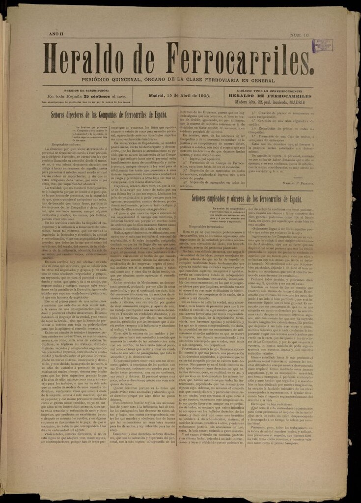 Miniatura de Heraldo de Ferrocarriles : periódico quincenal del 15 de abril de 1906, nº 18