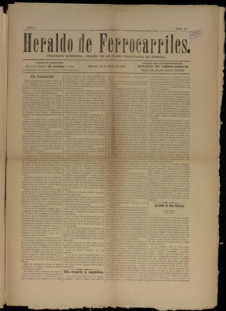 Miniatura de Heraldo de Ferrocarriles : periódico quincenal del 16 de mayo de 1906, nº 20