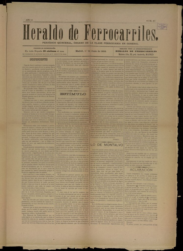 Miniatura de Heraldo de Ferrocarriles : periódico quincenal del 1 de junio de 1906, nº 21