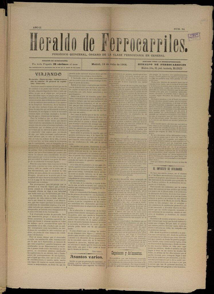 Miniatura de Heraldo de Ferrocarriles : periódico quincenal del 15 de julio de 1906, nº 24