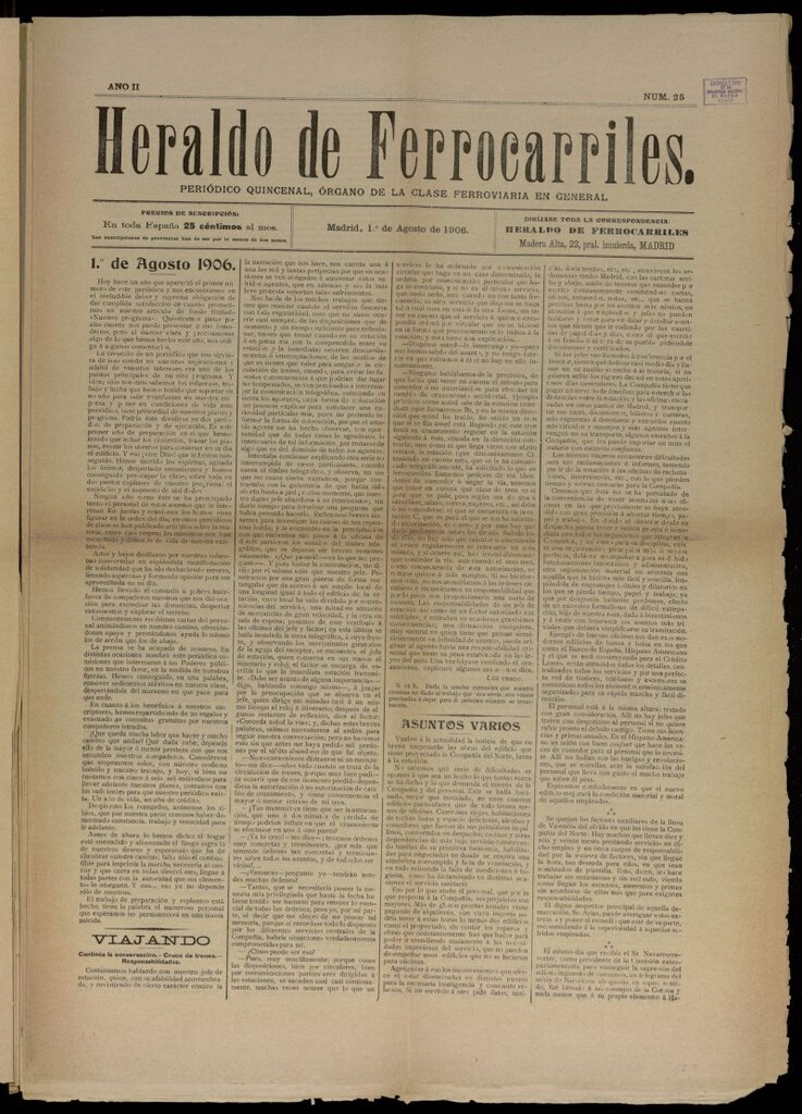Miniatura de Heraldo de Ferrocarriles : periódico quincenal del 1 de agosto de 1906, nº 25