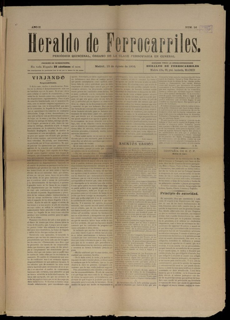 Miniatura de Heraldo de Ferrocarriles : periódico quincenal del 15 de agosto de 1906, nº 26