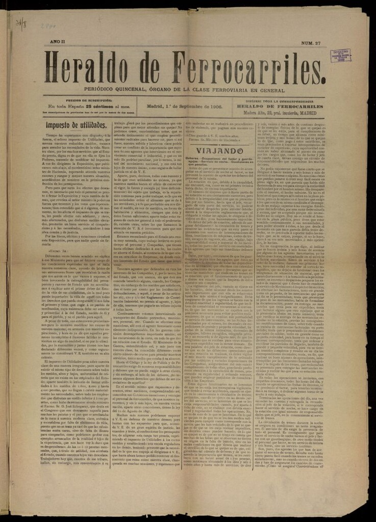 Miniatura de Heraldo de Ferrocarriles : periódico quincenal del 1 de septiembre de 1906, nº 27