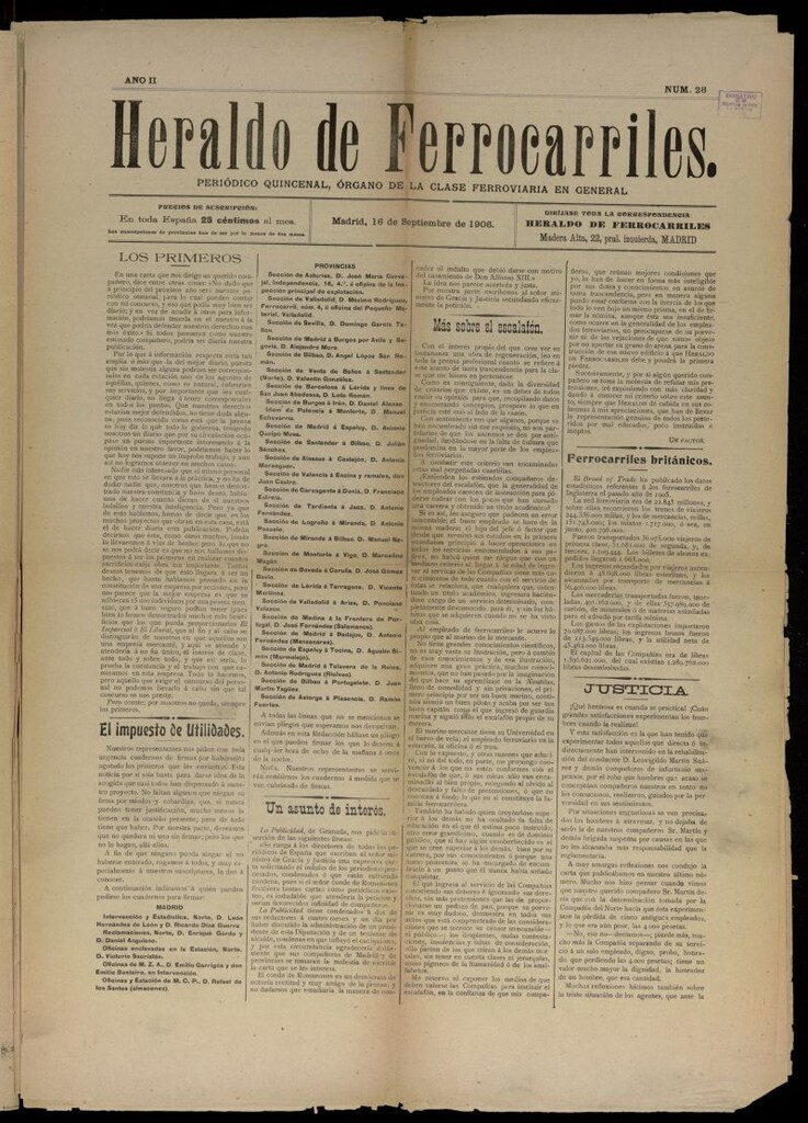 Miniatura de Heraldo de Ferrocarriles : periódico quincenal del 16 de septiembre de 1906, nº 28