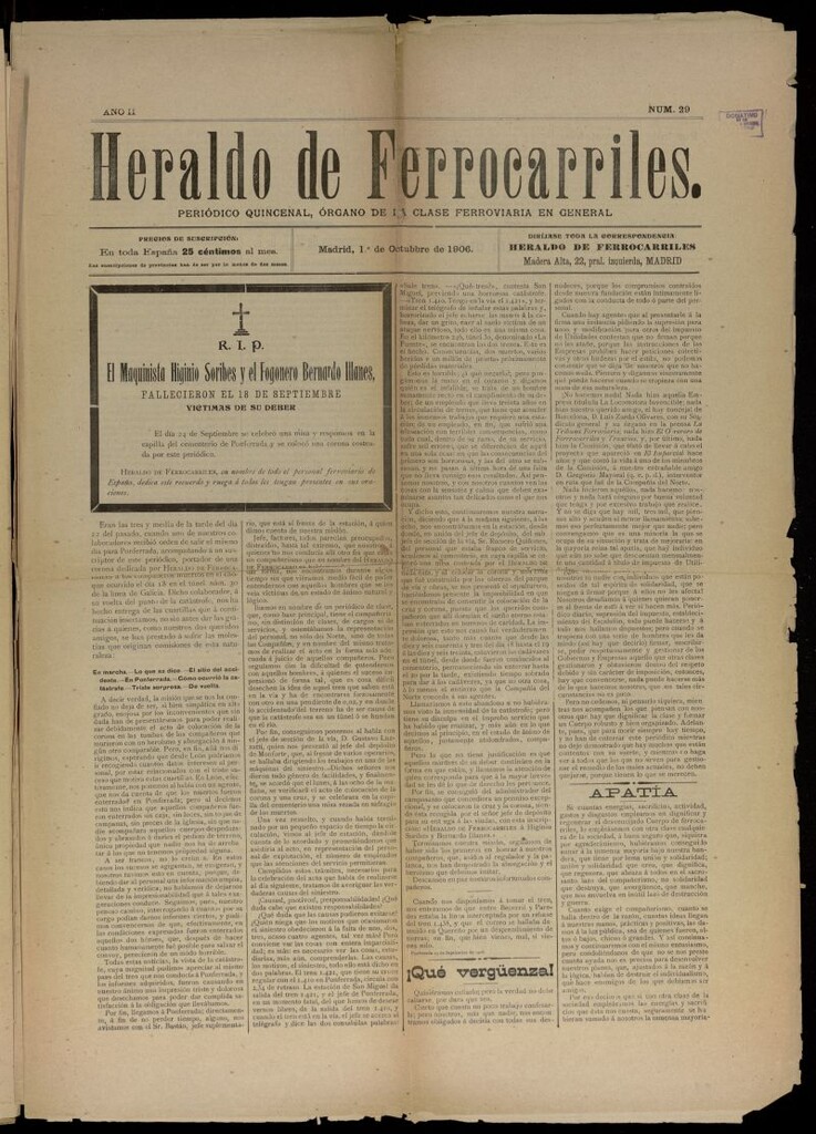 Miniatura de Heraldo de Ferrocarriles : periódico quincenal del 1 de octubre de 1906, nº 29