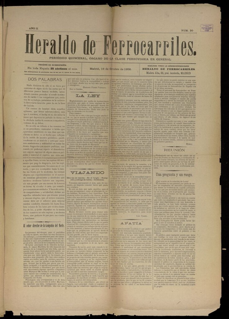 Miniatura de Heraldo de Ferrocarriles : periódico quincenal del 16 de octubre de 1906, nº 30