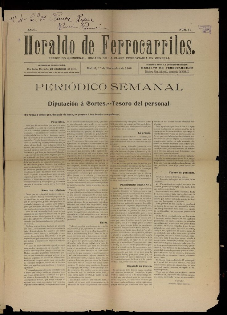Miniatura de Heraldo de Ferrocarriles : periódico quincenal del 1 de noviembre de 1906, nº 31