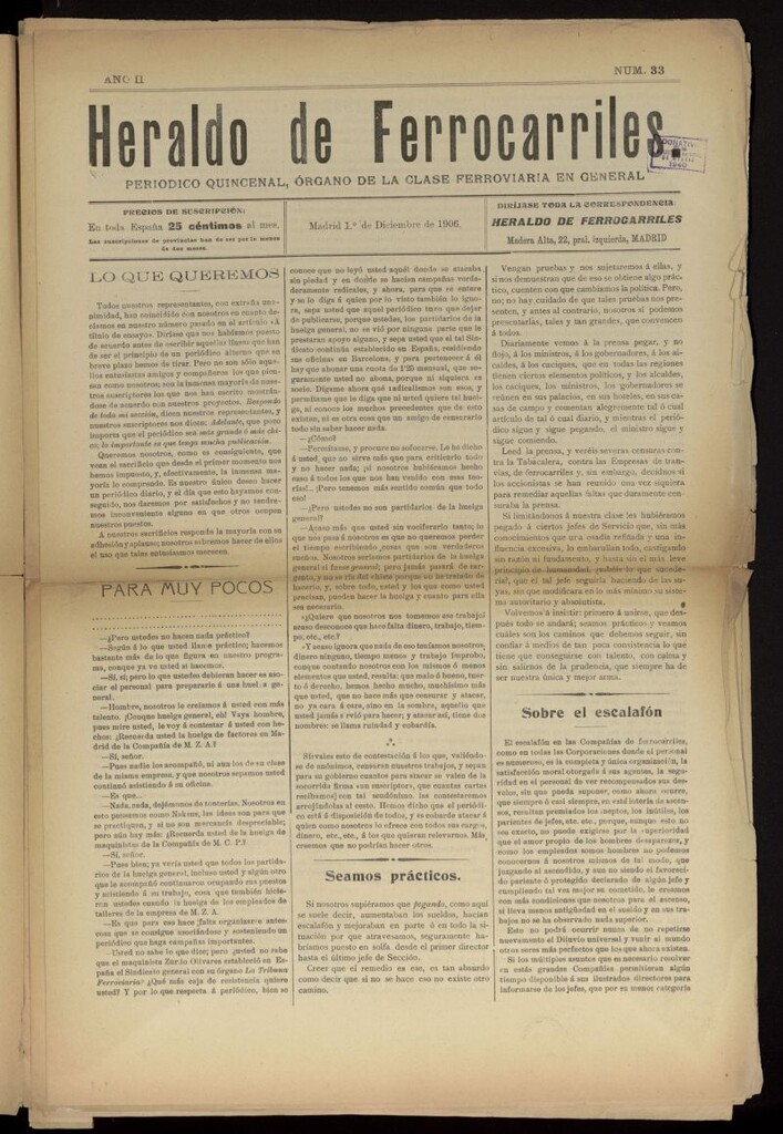 Miniatura de Heraldo de Ferrocarriles : periódico quincenal del 1 de diciembre de 1906, nº 33