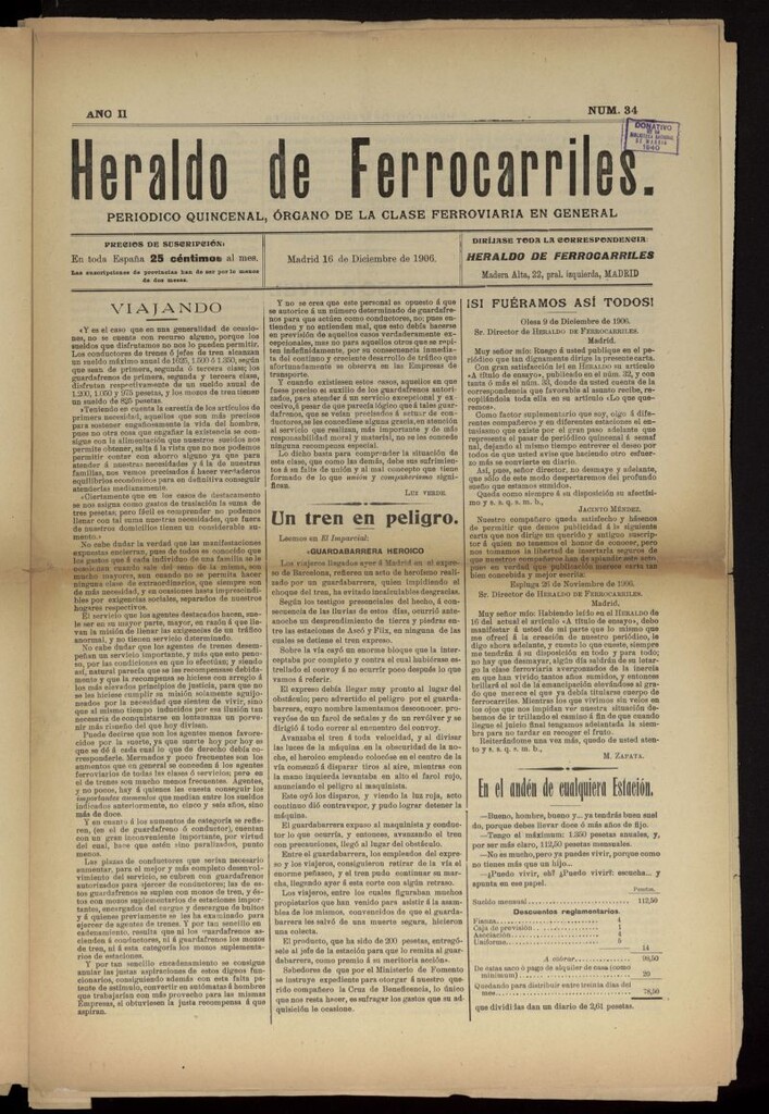 Miniatura de Heraldo de Ferrocarriles : periódico quincenal del 16 de diciembre de 1906, nº 34