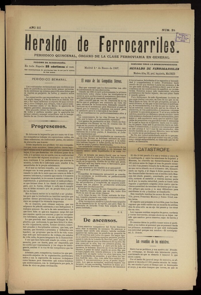 Miniatura de Heraldo de Ferrocarriles : periódico quincenal del 1 de enero de 1907, nº 35
