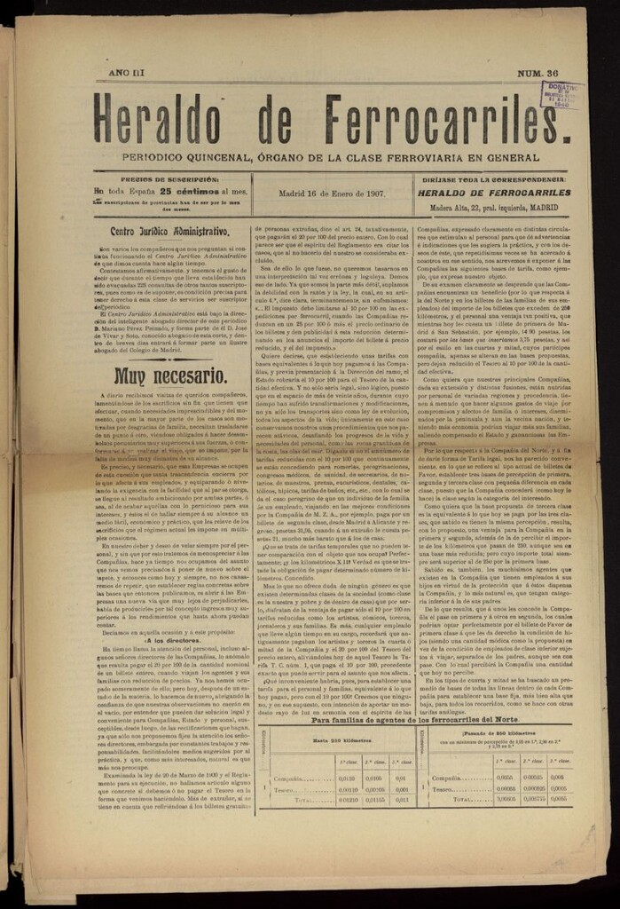 Miniatura de Heraldo de Ferrocarriles : periódico quincenal del 16 de enero de 1907, nº 36
