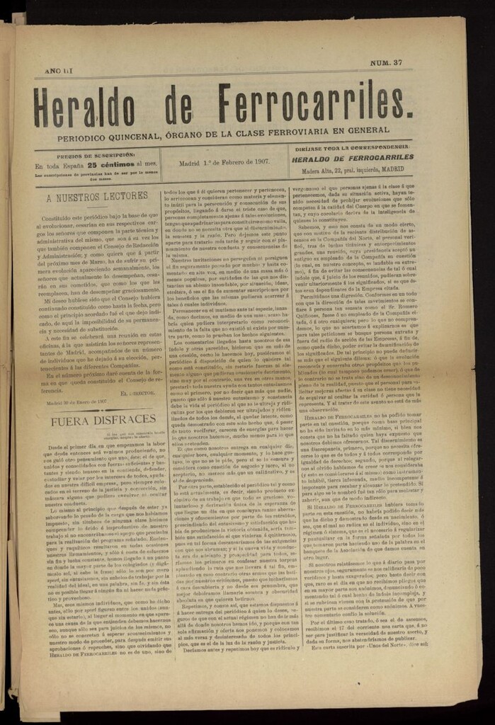 Miniatura de Heraldo de Ferrocarriles : periódico quincenal del 1 de febrero de 1907, nº 37