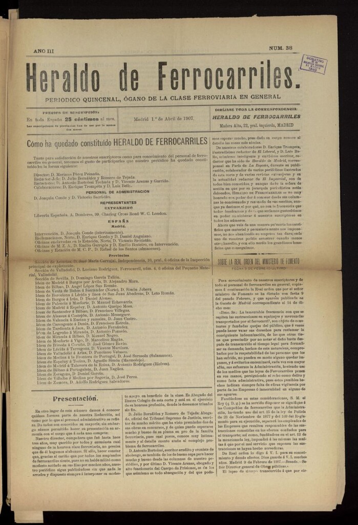 Miniatura de Heraldo de Ferrocarriles : periódico quincenal del 1 de abril de 1907, nº 38