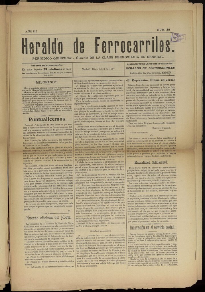 Miniatura de Heraldo de Ferrocarriles : periódico quincenal del 16 de abril de 1907, nº 39
