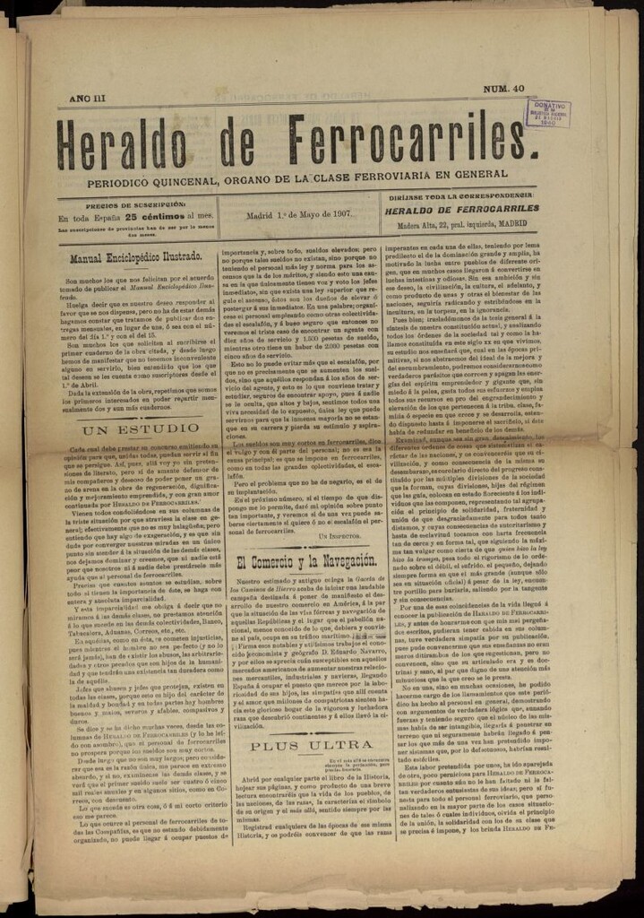 Miniatura de Heraldo de Ferrocarriles : periódico quincenal del 1 de mayo de 1907, nº 40