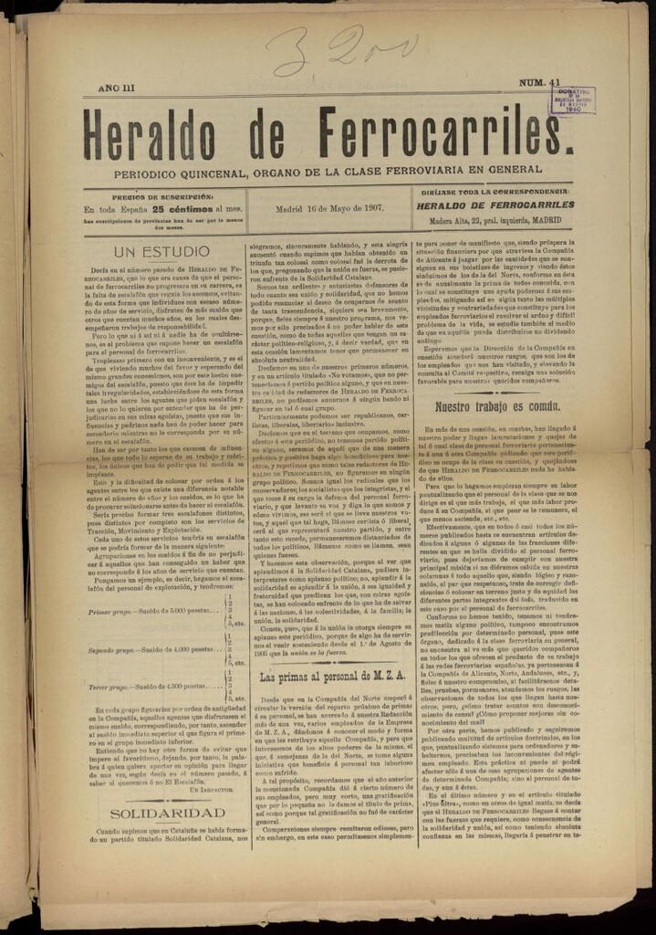Miniatura de Heraldo de Ferrocarriles : periódico quincenal del 16 de mayo de 1907, nº 41