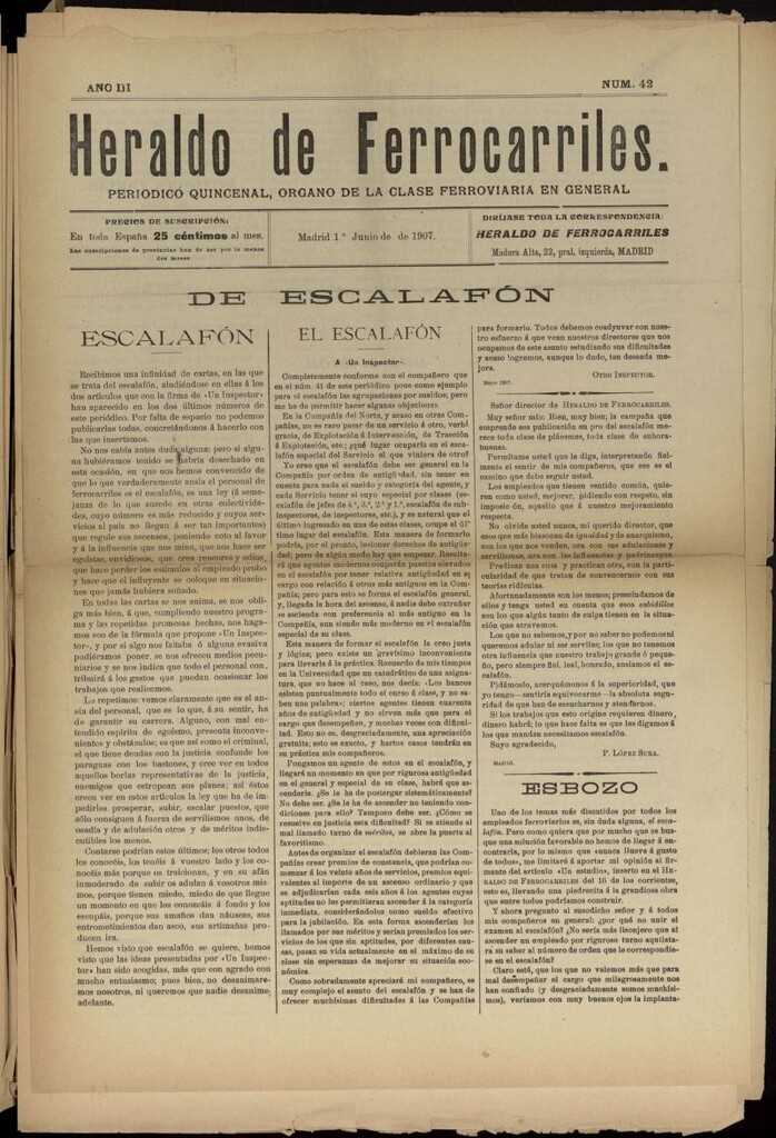 Miniatura de Heraldo de Ferrocarriles : periódico quincenal del 1 de junio de 1907, nº 42