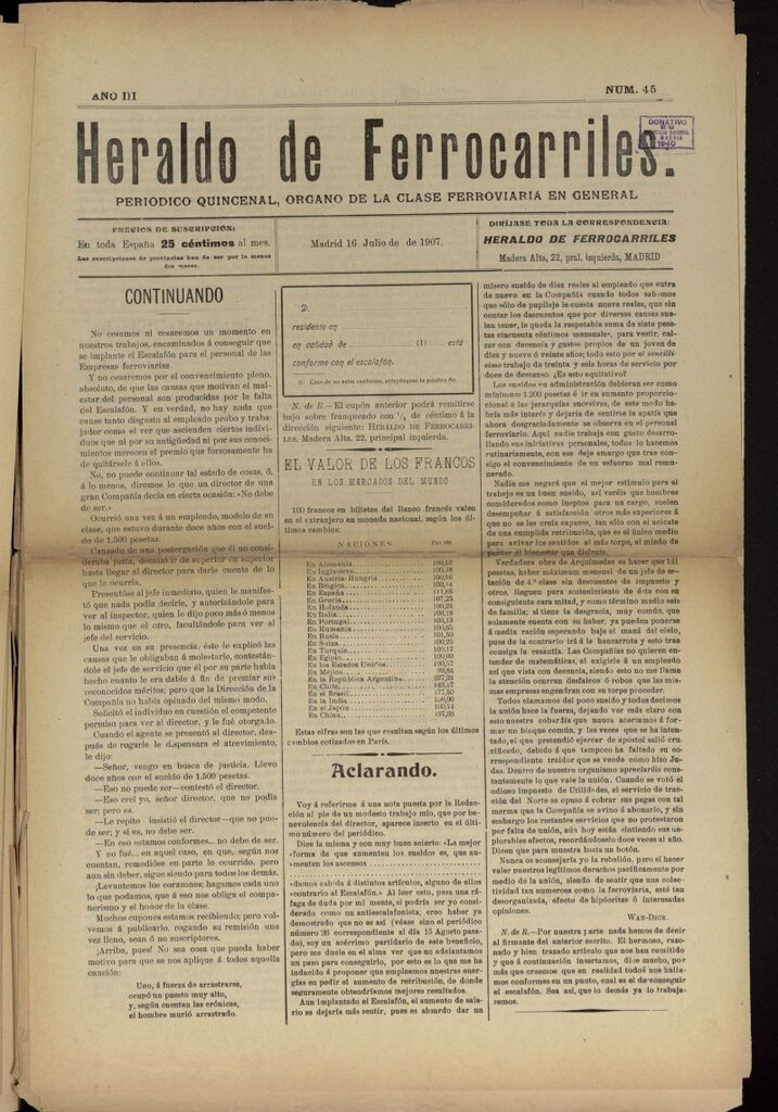 Miniatura de Heraldo de Ferrocarriles : periódico quincenal del 16 de julio de 1907, nº 45