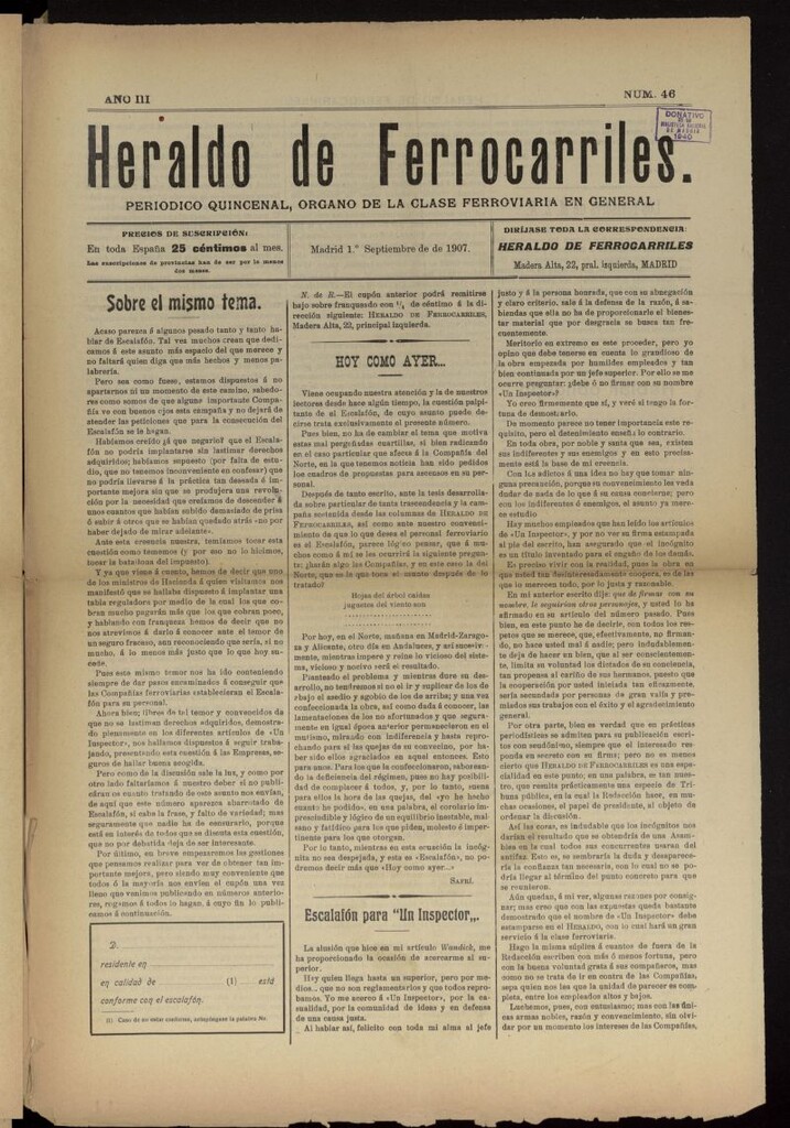 Miniatura de Heraldo de Ferrocarriles : periódico quincenal del 1 de septiembre de 1907, nº 46
