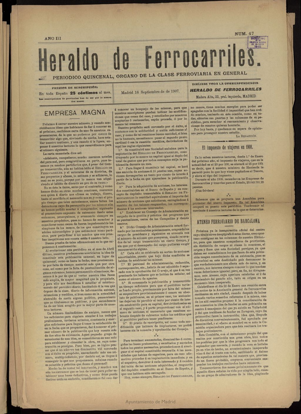 Miniatura de Heraldo de Ferrocarriles : periódico quincenal del 16 de septiembre de 1907, nº 47