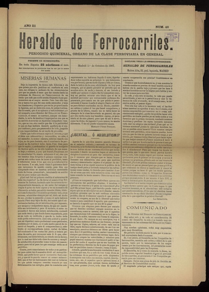 Miniatura de Heraldo de Ferrocarriles : periódico quincenal del 1 de octubre de 1907, nº 48