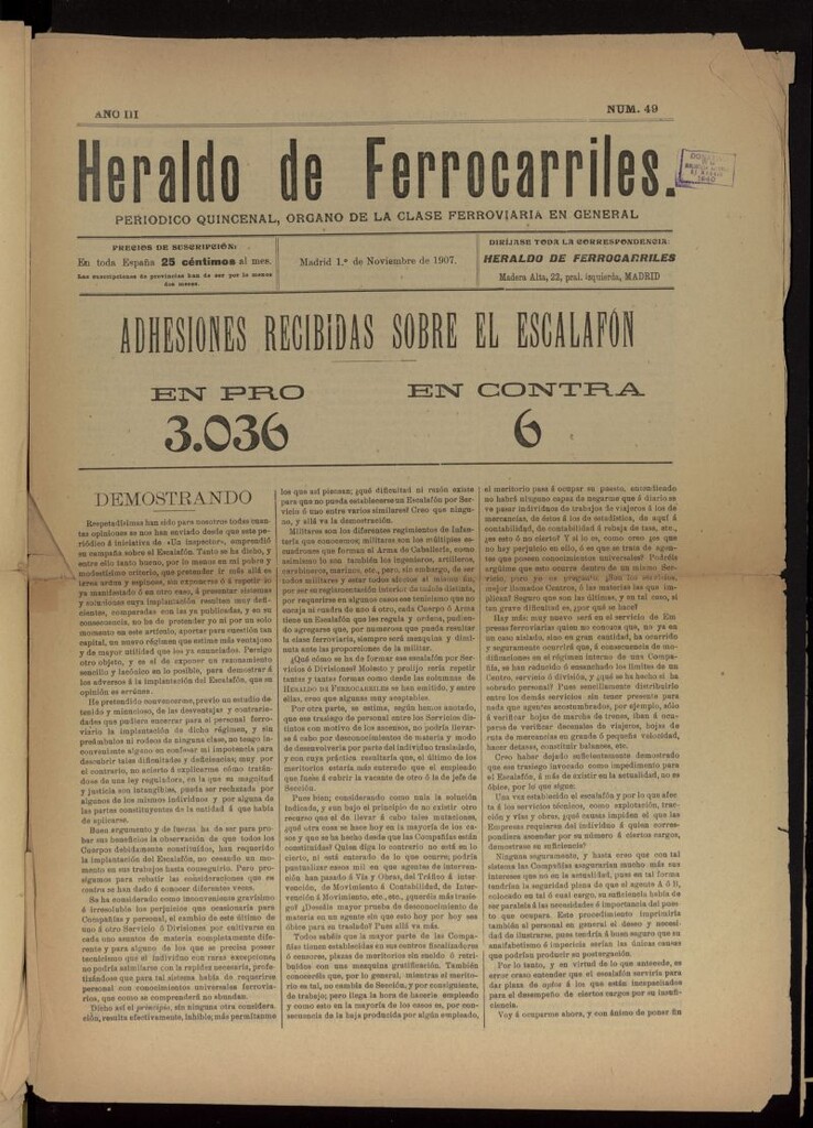 Miniatura de Heraldo de Ferrocarriles : periódico quincenal del 1 de noviembre de 1907, nº 49