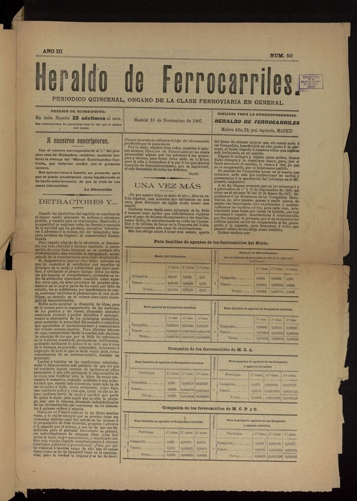 Miniatura de Heraldo de Ferrocarriles : periódico quincenal del 16 de noviembre de 1907, nº 50