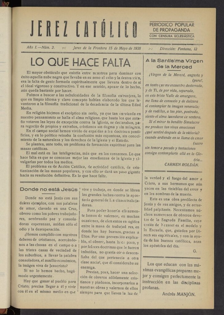 Miniatura de Jerez católico : periódico popular de propaganda  del 15 de mayo de 1938, nº 2