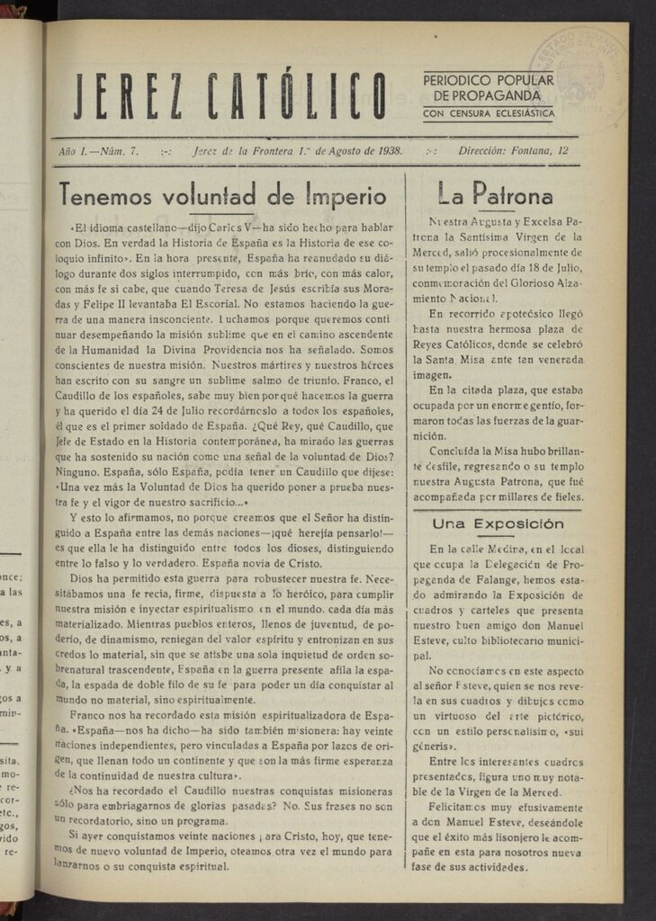 Miniatura de Jerez católico : periódico popular de propaganda  del 1 de agosto de 1938, nº 7