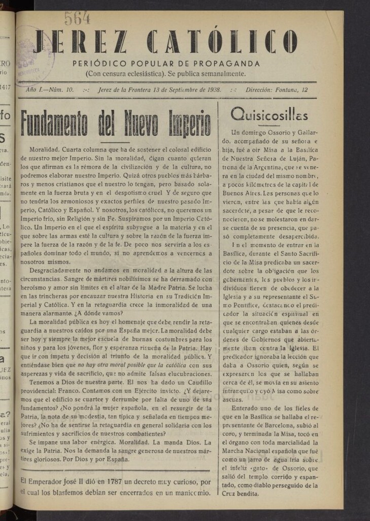 Miniatura de Jerez católico : periódico popular de propaganda  del 13 de septiembre de 1938, nº 10
