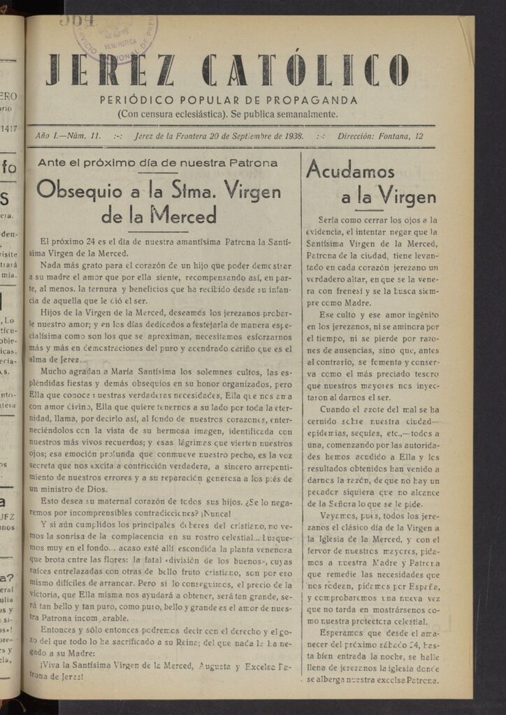 Miniatura de Jerez católico : periódico popular de propaganda del 20 de septiembre de 1938, nº 11