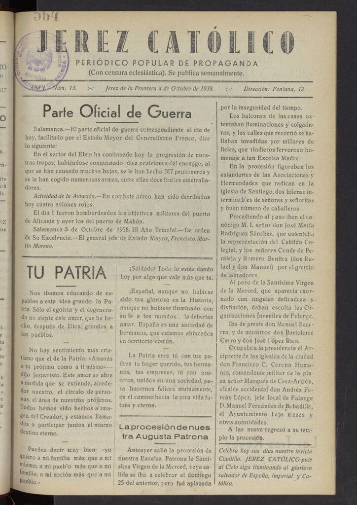 Miniatura de Jerez católico : periódico popular de propaganda del 4 de octubre de 1938, nº 13