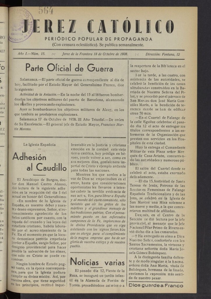 Miniatura de Jerez católico : periódico popular de propaganda  del 18 de octubre de 1938, nº 15