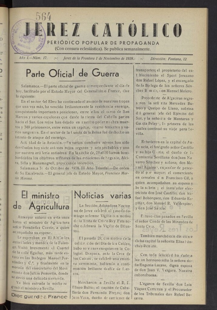 Miniatura de Jerez católico : periódico popular de propaganda  del 1 de noviembre de 1938, nº 17