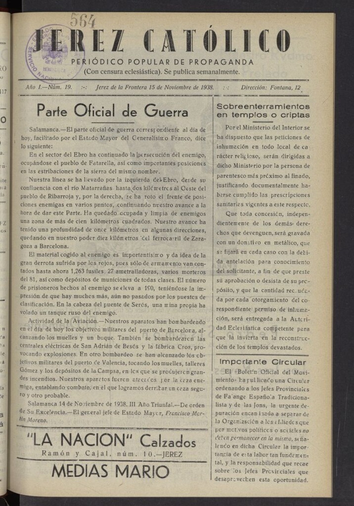 Miniatura de Jerez católico : periódico popular de propaganda  del 15 de noviembre de 1938, nº 19