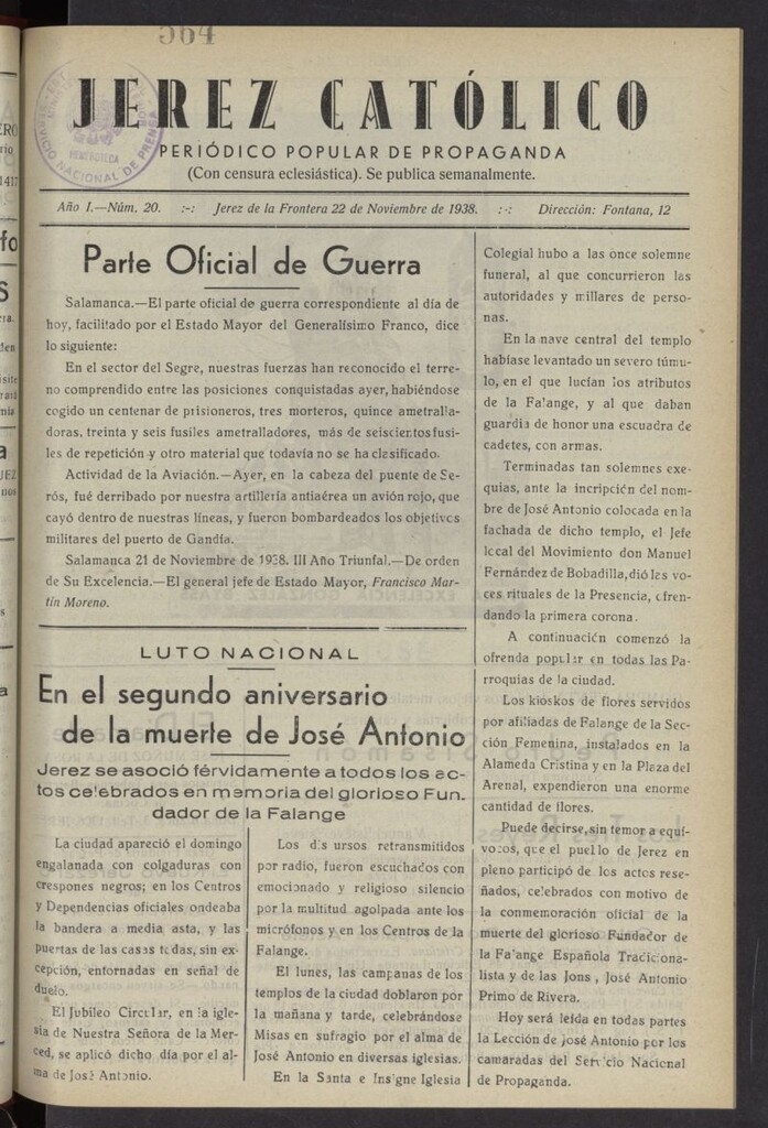 Miniatura de Jerez católico : periódico popular de propaganda  del 22 de noviembre de 1938, nº 20