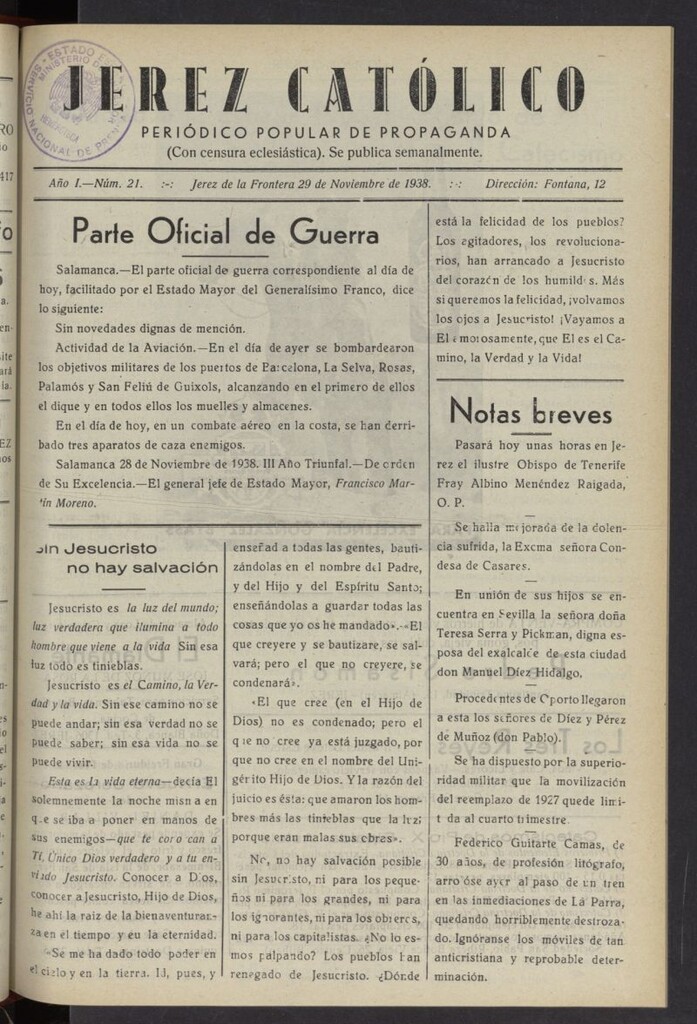 Miniatura de Jerez católico : periódico popular de propaganda del 29 de noviembre de 1938, nº 21