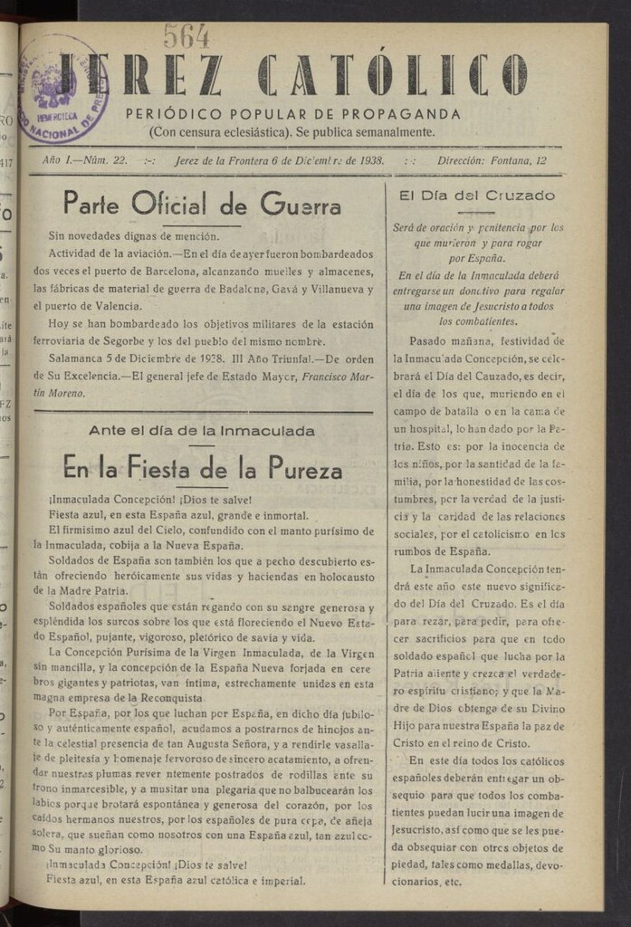 Miniatura de Jerez católico : periódico popular de propaganda  del 6 de diciembre de 1938, nº 22