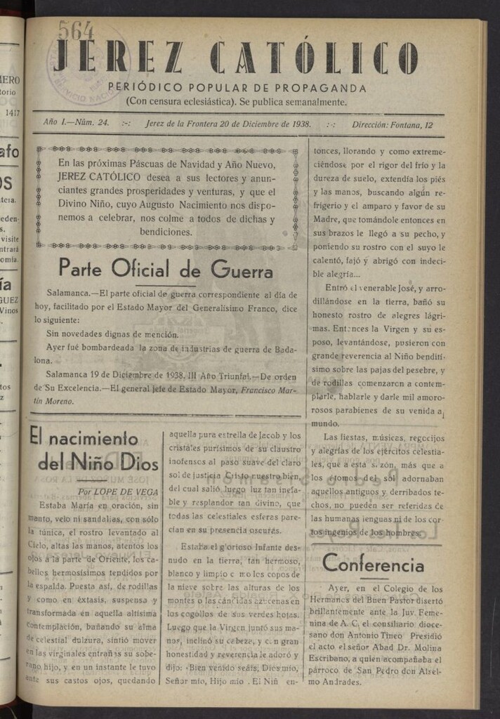 Miniatura de Jerez católico : periódico popular de propaganda del 20 de diciembre de 1938, nº 24