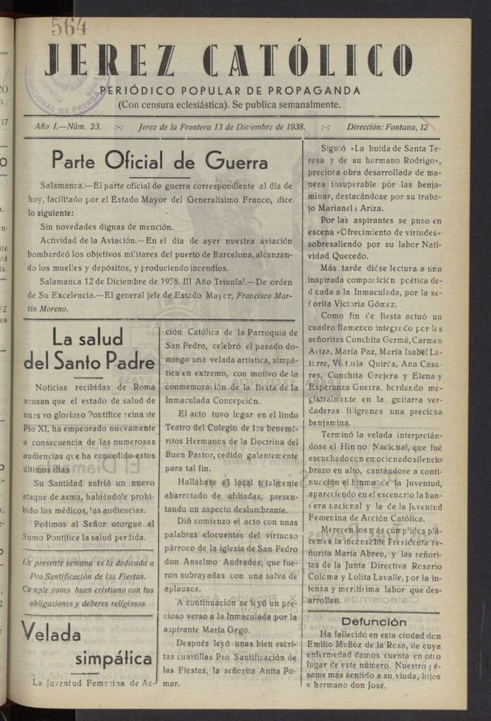 Miniatura de Jerez católico : periódico popular de propaganda del 13 de diciembre de 1938, nº 23