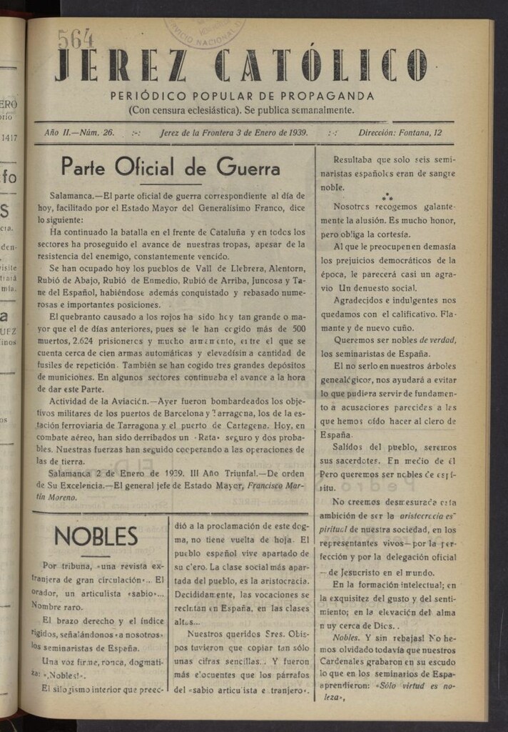 Miniatura de Jerez católico : periódico popular de propaganda  del 3 de enero de 1939, nº 26