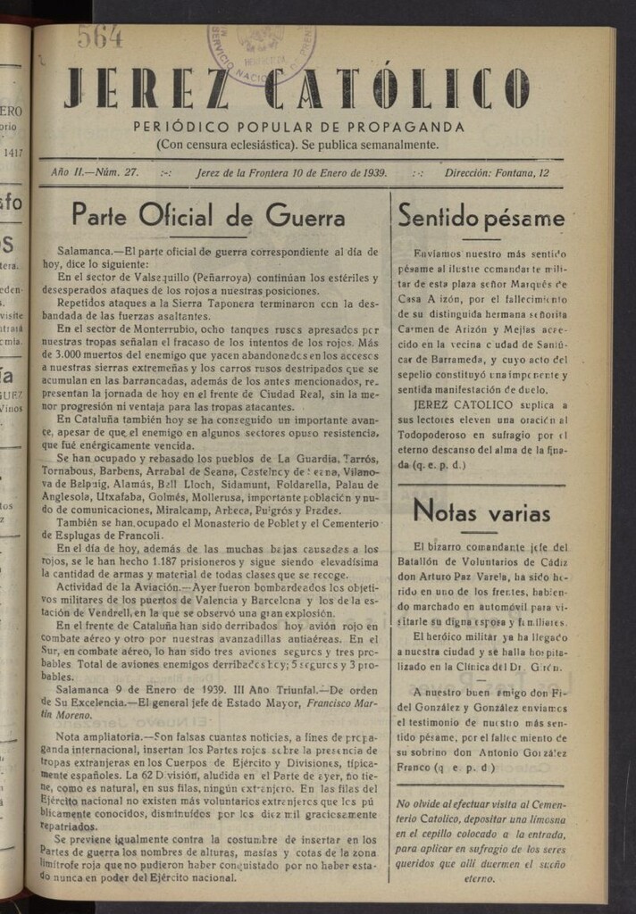 Miniatura de Jerez católico : periódico popular de propaganda del 10 de enero de 1939, nº 27